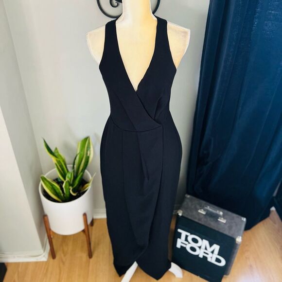 DRESS THE POPULATION Ariel Racerback Faux Wrap Crepe Dress Gown, Black Small NWT - Picture 8 of 16